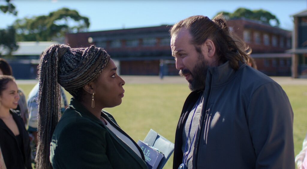 Chika Ikogwe and Angus Sampson in Heartbreak High, Netflix